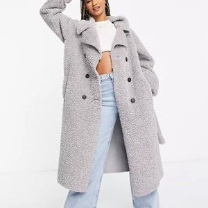 ASOS long grey double breasted, teddy coat size 14